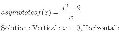 The asymptotes of f(x)=(x^2-9)/x is Vertical: x=0,Horizontal: y=x (slant)